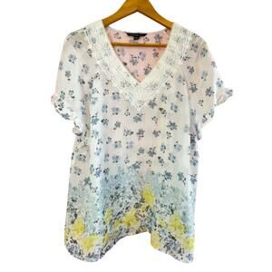 ZAC & RACHEL Floral Top 1X Blue Yellow Green V-Neck Crochet Detail Ruffle Cap